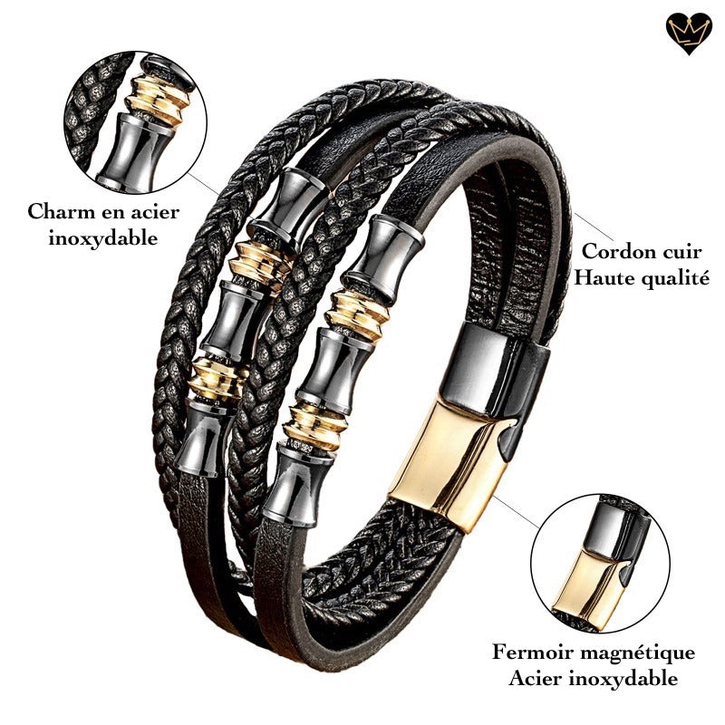 Bracelet à lanières et cordons en cuir noir  de haute qualité avec charms et fermoir magnétique en acier inoxydable 