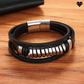 Bracelet avec courbe géométrique spirale en acier - multilanière en cuir noir