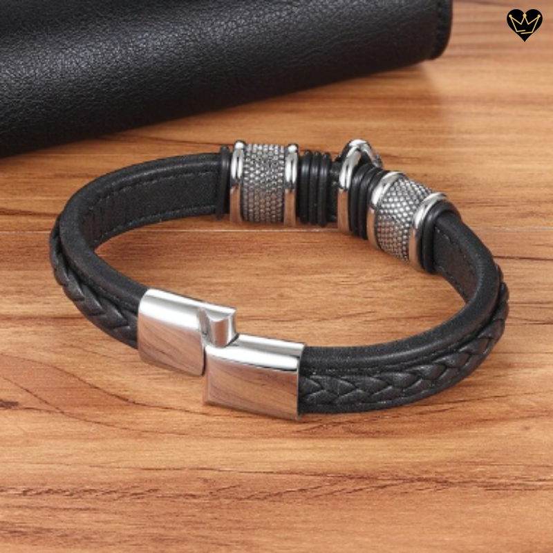 Bracelet cuir et acier avec charms bouddha pour homme - fermoir magnétique