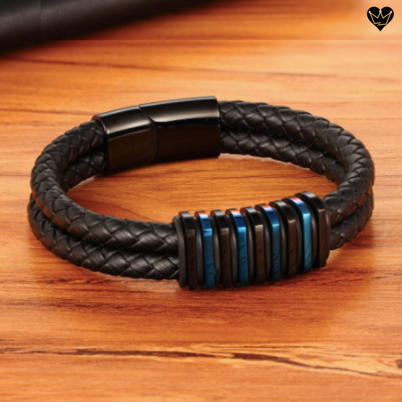 Bracelet cuir et acier avec charms empilés noir et bleu - fermoir magnétique