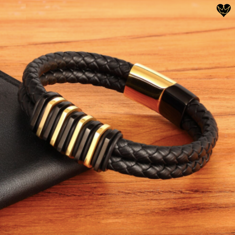 Bracelet cuir et acier avec charms simple empilés noir et or - fermoir magnétique