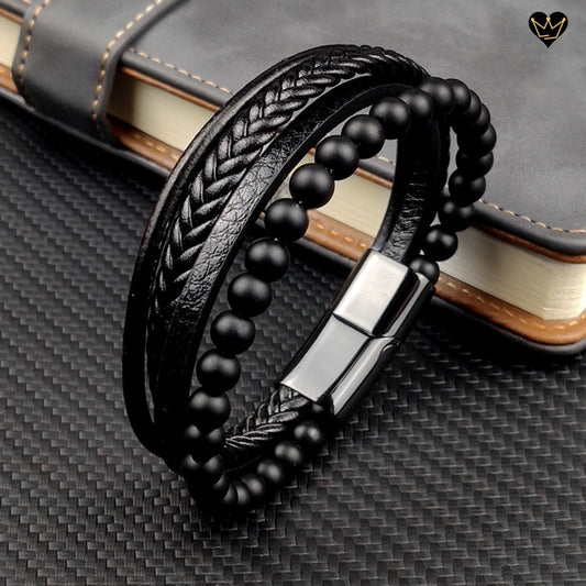 Bracelet cuir noir avec agates noires pour homme