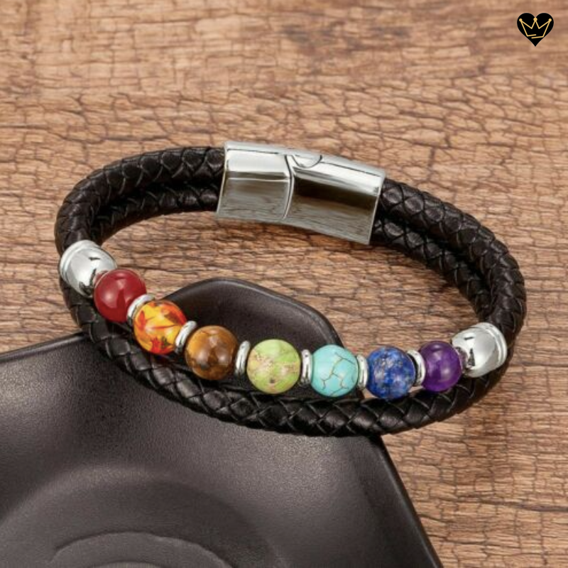 Bracelet en cuir au sept perles colorées chakras pour homme - boucle attache aimanté en acier inoxydable