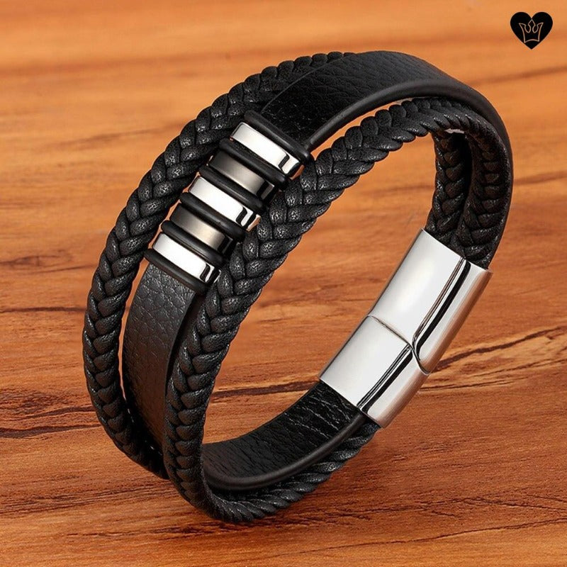 Bracelet en cuir noir pour homme avec charms bagues en acier inoxydable - coloris argent et noir
