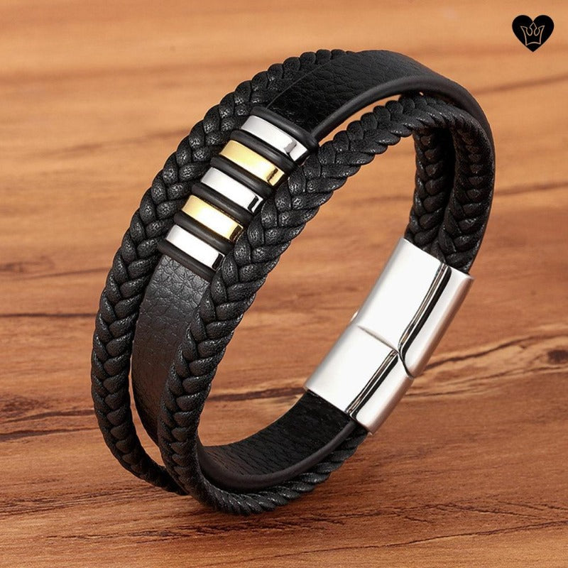 Bracelet en cuir noir pour homme avec charms bagues en acier inoxydable - coloris argent et or