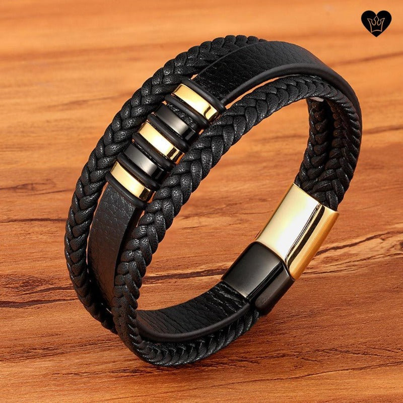 Bracelet en cuir noir pour homme avec charms bagues en acier inoxydable - coloris or et noir