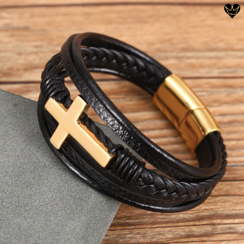 Bracelet en cuir pour homme avec croix foi chrétienne en acier inoxydable 