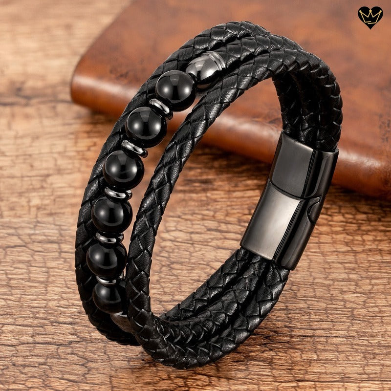 bracelet en cuir véritable pour homme avec perles de pierres naturelles-agate - coloris noir
