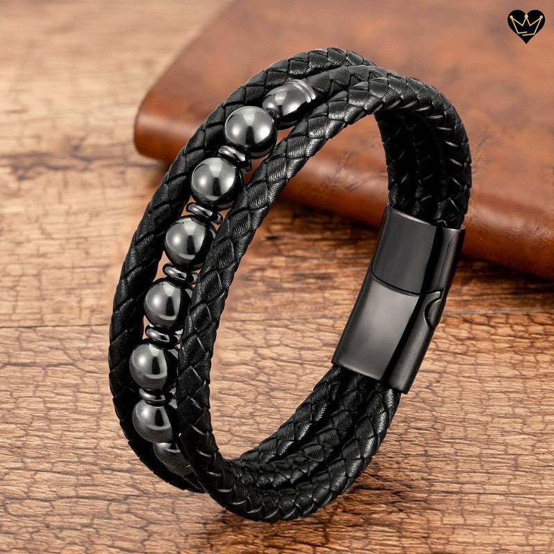 bracelet en cuir véritable pour homme avec perles de pierres naturelles-hématite - coloris noir