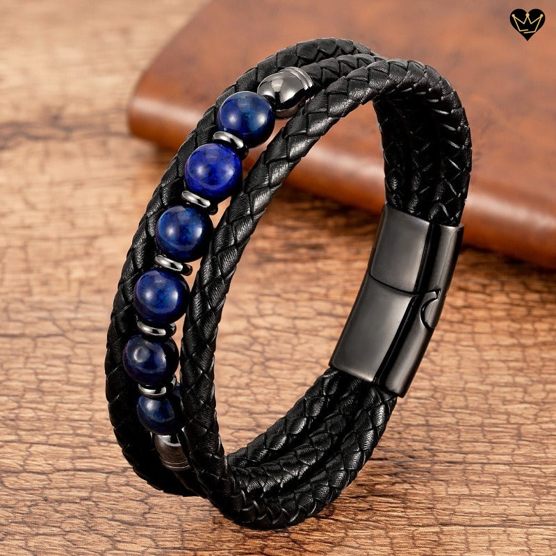 bracelet en cuir véritable pour homme avec perles de pierres naturelles-lapis-lazuli -  coloris bleu