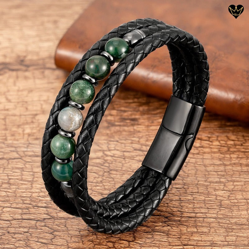 bracelet en cuir véritable pour homme avec perles de pierres naturelles - malachite - coloris vert