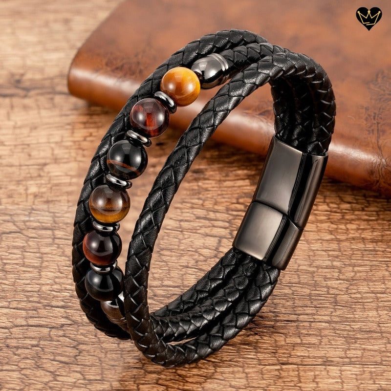 bracelet en cuir véritable pour homme avec perles de pierres naturelles - oeil de tigre - coloris jaune, rouge et noir