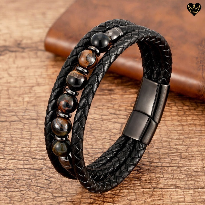 bracelet en cuir véritable pour homme avec perles de pierres naturelles - oeil de tigre - coloris noir