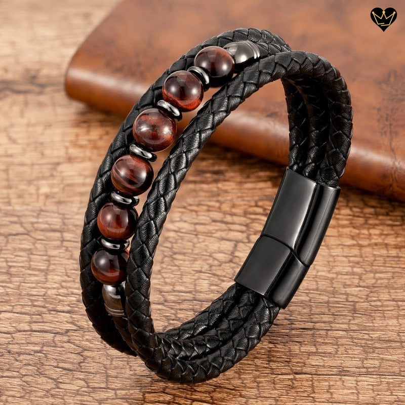 bracelet en cuir véritable pour homme avec perles de pierres naturelles - oeil de tigre - coloris rouge