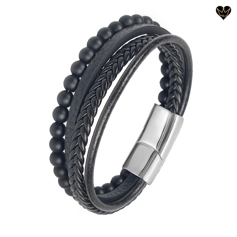 Bracelet en cuir noir pour homme avec perles pierres naturelles agate noires - fermoir en acier argent