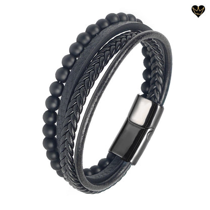 Bracelet en cuir noir pour homme avec perles pierres naturelles agate et fermoir en acier - coloris noir