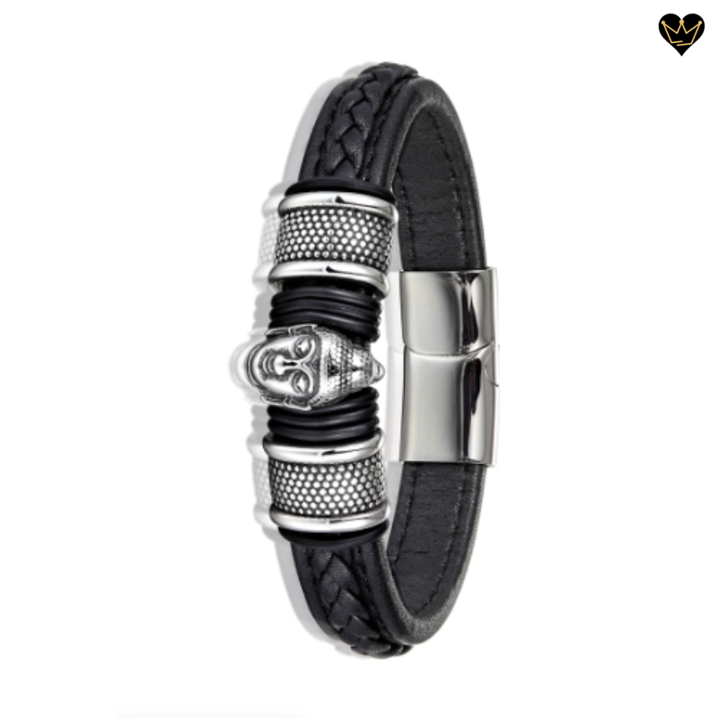 Bracelet cuir noir pour homme avec tête de bouddha - coloris acier argent