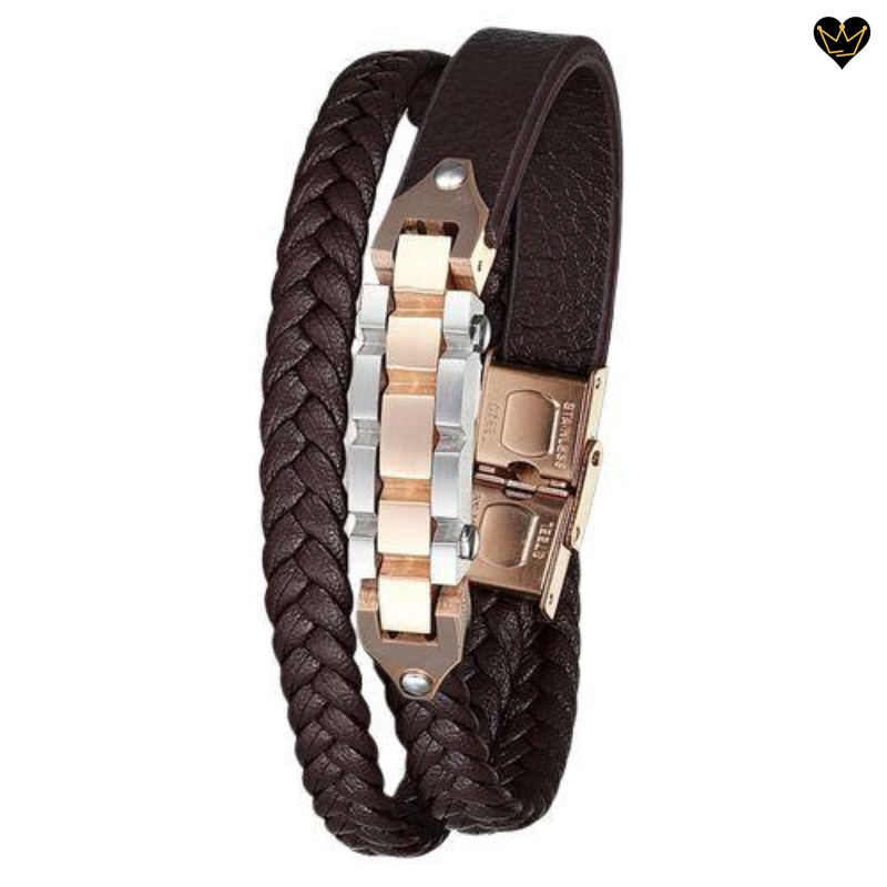 Bracelet en cuir marron pour homme avec maillons design en acier - coloris argent et or rose