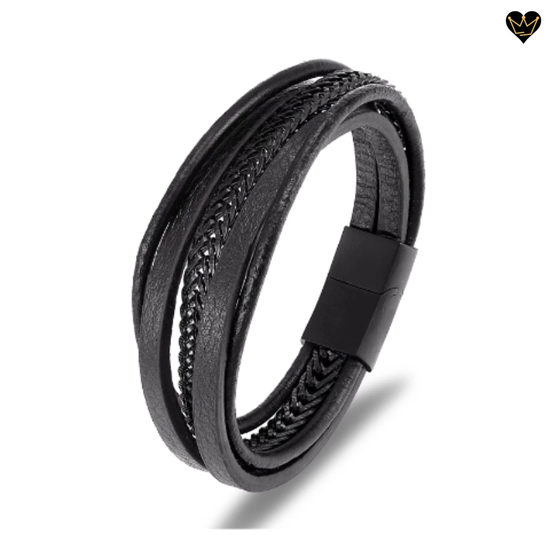 Bracelet en cuir noir pour homme avec chaine cubaine en acier inoxydable - coloris noir