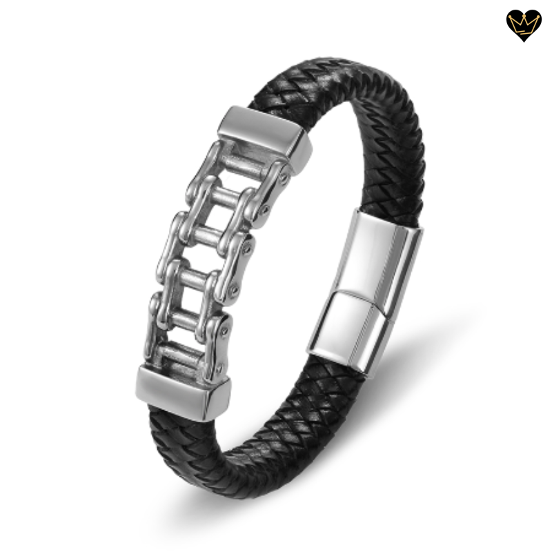 Bracelet en cuir noir pour homme avec chaine de moto en acier inoxydable - coloris argent