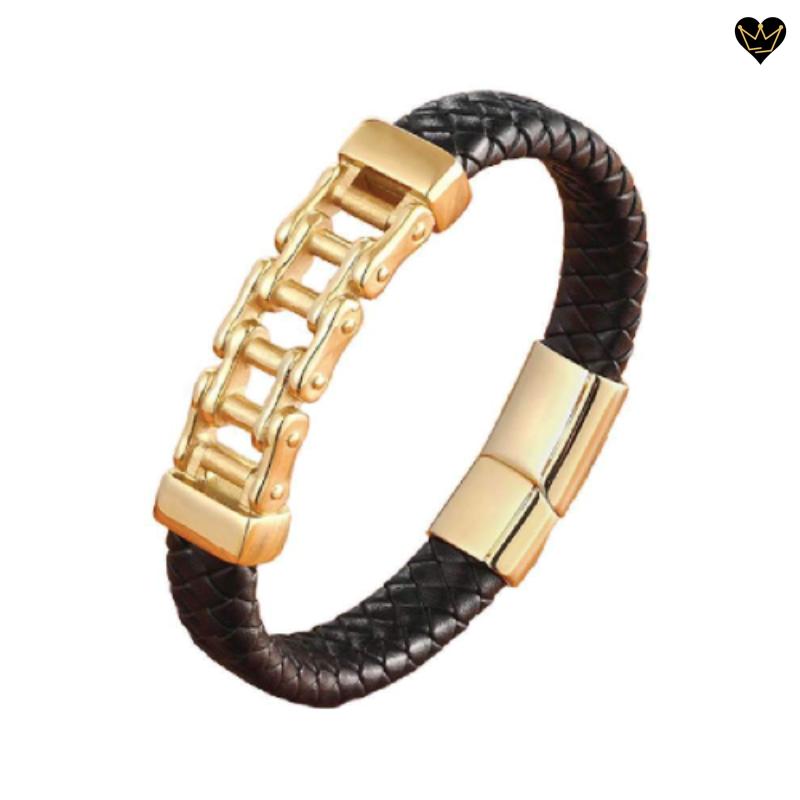 Bracelet en cuir noir pour homme avec chaine de moto en acier inoxydable - coloris or