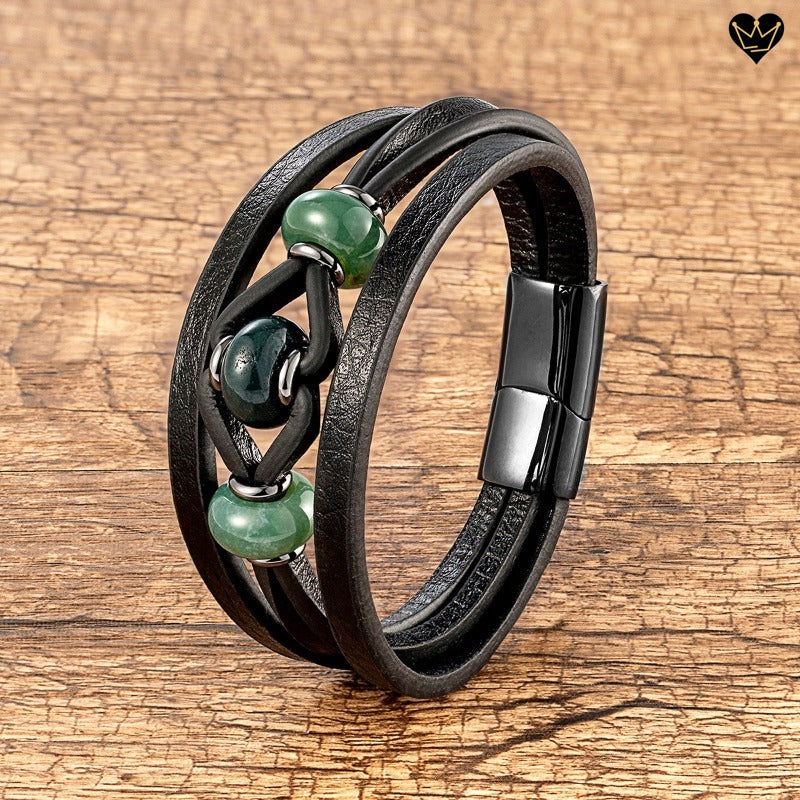 bracelet multi-lanières - cuir noir - homme - pierres-naturelles agate - coloris mousse verte