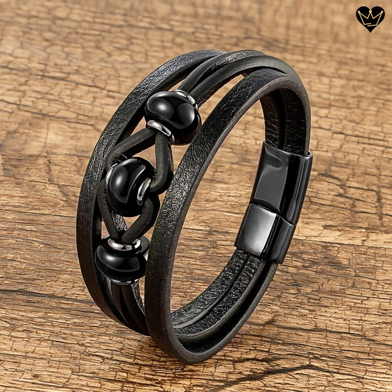 Bracelet lanières en cuir noir pour homme avec charms en pierres naturelles agate - coloris noir