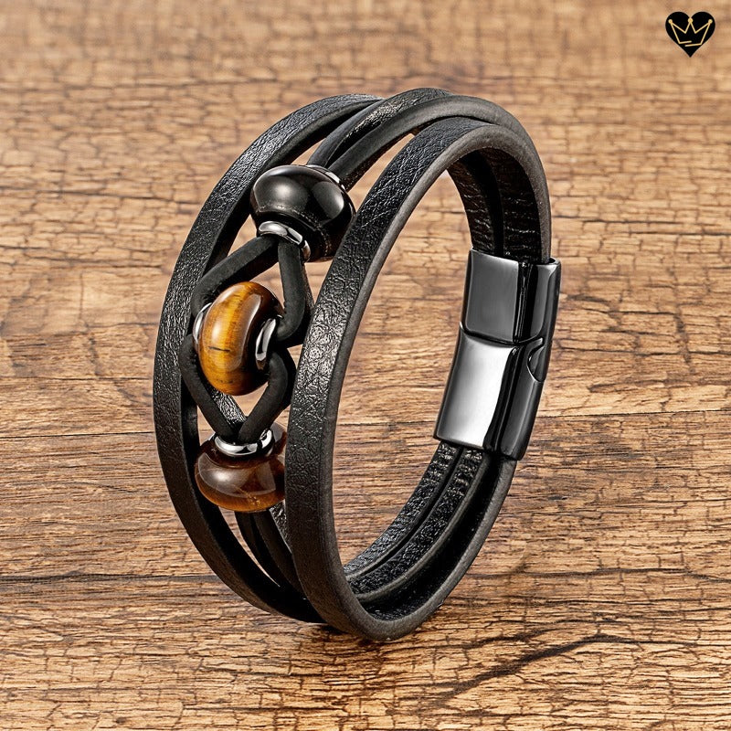 bracelet homme - cuir noir - charms - pierres naturelles - oeil de tigre