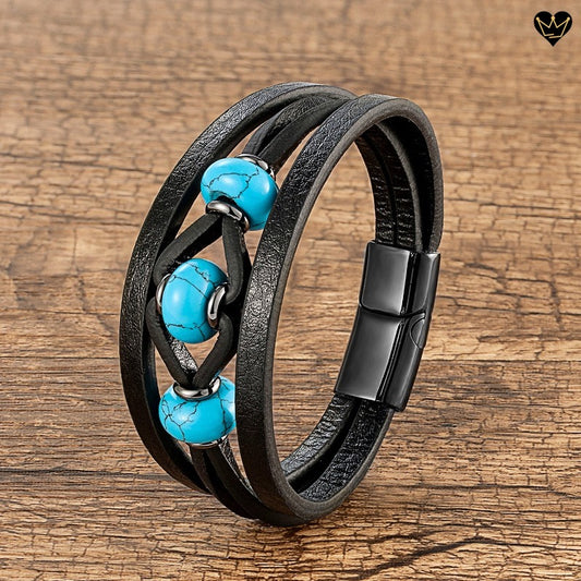 Bracelet lanières en cuir noir pour homme avec charms en pierres naturelles tophus - coloris bleu
