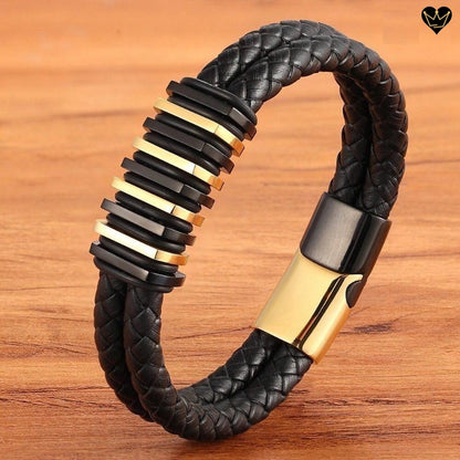 Bracelet en cuir noir avec charms plats empilés et fermoir magnétique en acier inoxydable - coloris or et noir
