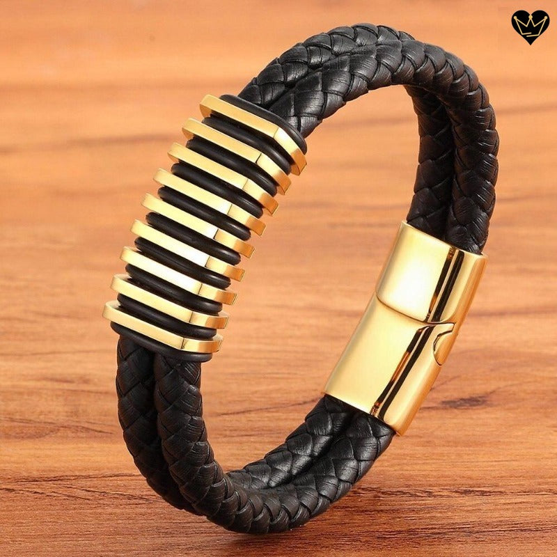 Bracelet en cuir noir avec charms plats empilés et fermoir magnétique en acier inoxydable - coloris or 