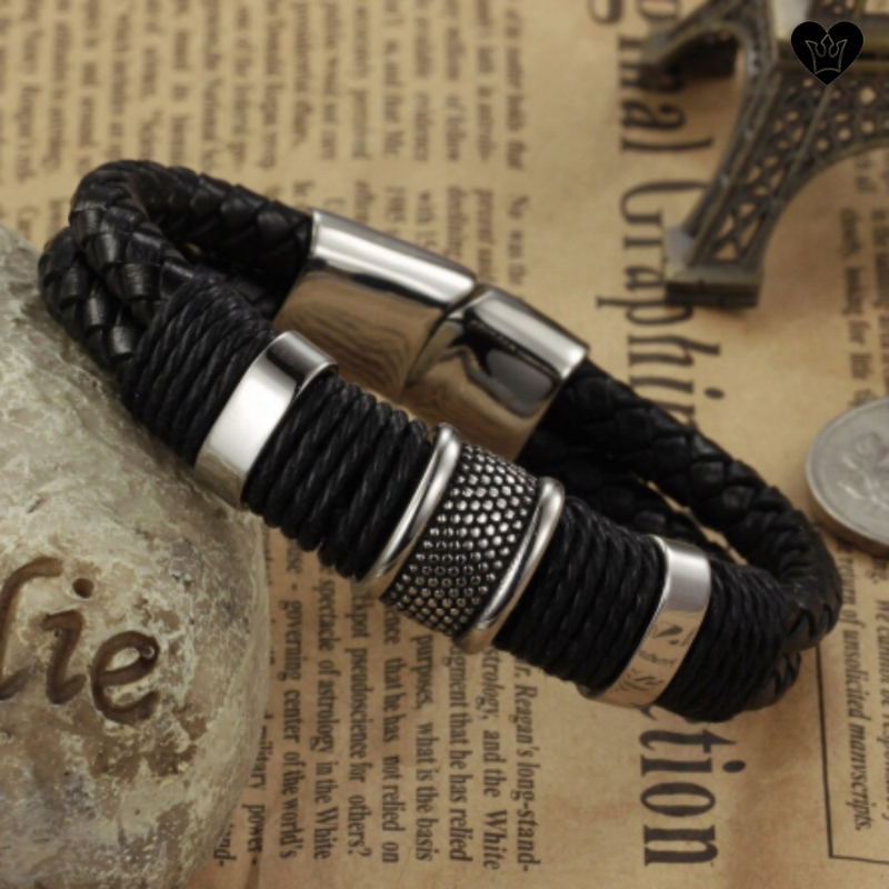 Bracelet en cuir noir pour homme avec charms relief de point en titane