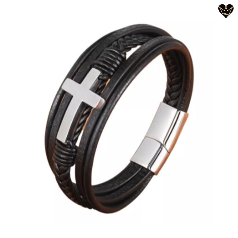 Bracelet en cuir noir pour homme avec croix latine - coloris acier argent