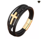 Bracelet en cuir noir pour homme avec croix latine - coloris acier or