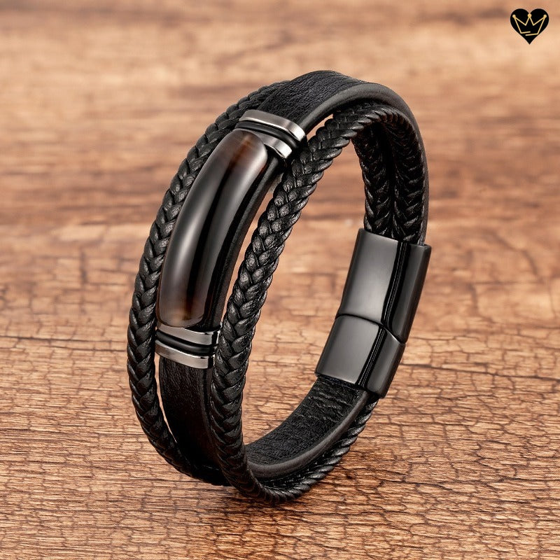 Bracelet en cuir noir avec pierre naturelle - agate coloris brun
