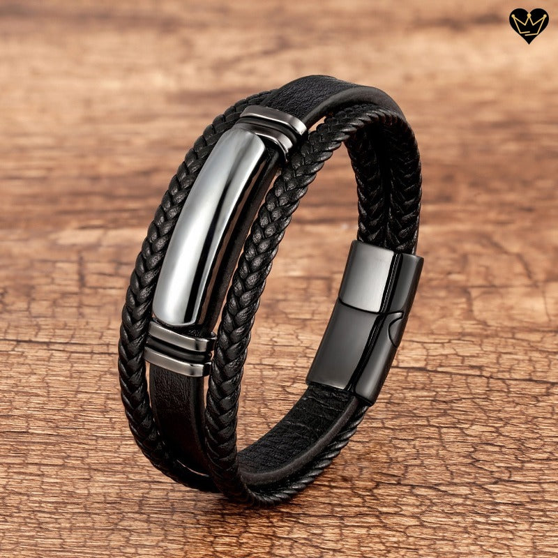 Bracelet en cuir noir avec pierre naturelle - hématite coloris indien