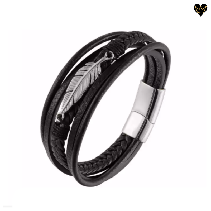 Bracelet en cuir noir pour homme avec plume et fermoir magnétique - coloris acier argent