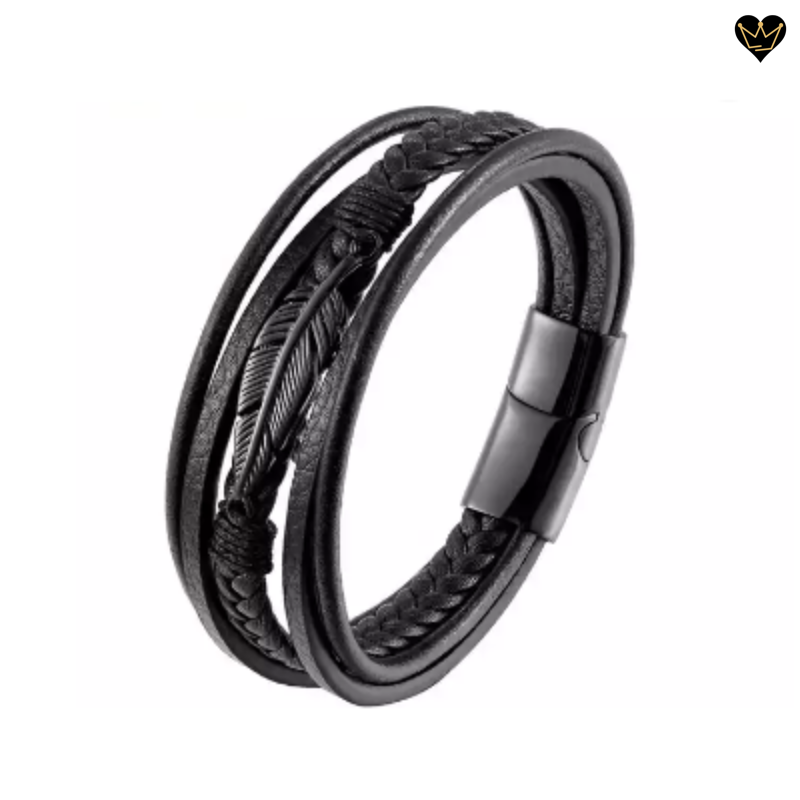 Bracelet en cuir noir pour homme avec plume et fermoir magnétique - coloris acier noir