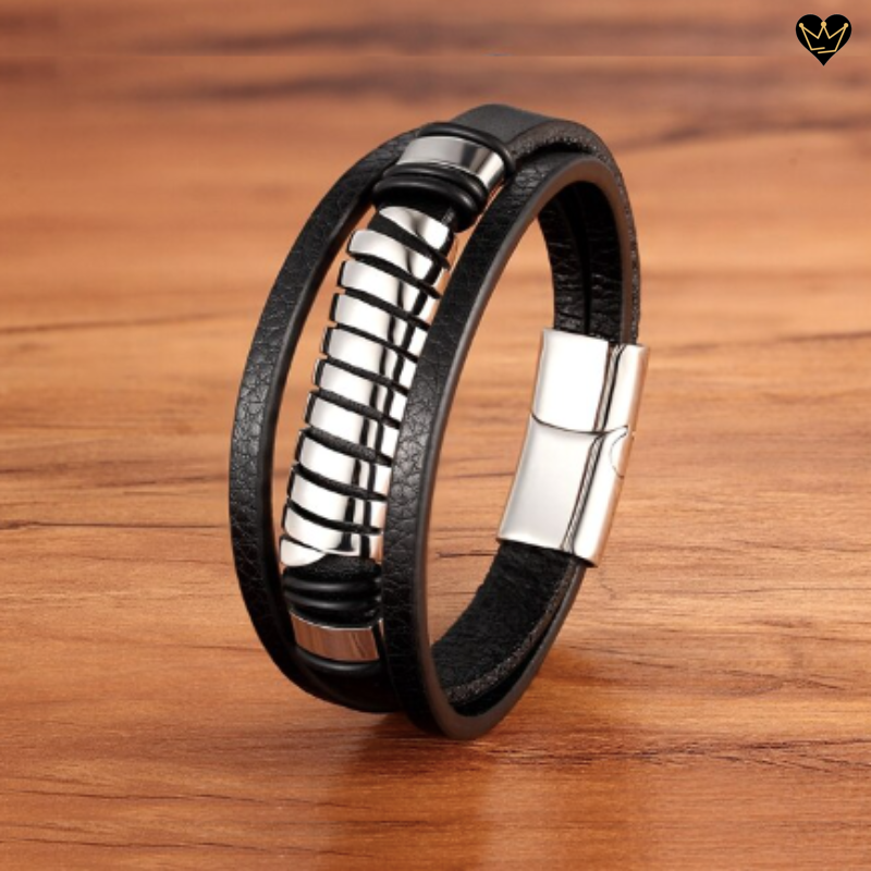 Bracelet en cuir noir pour homme avec ressort spirale en acier - coloris argent