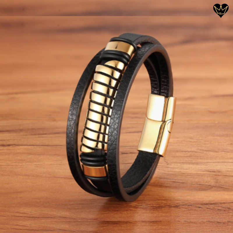 Bracelet en cuir noir pour homme avec ressort spirale en acier - coloris or