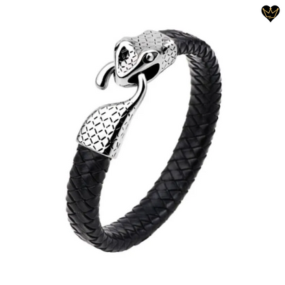 Bracelet cuir noir pour homme avec serpent ouroboros en acier inoxydable - coloris argent et noir