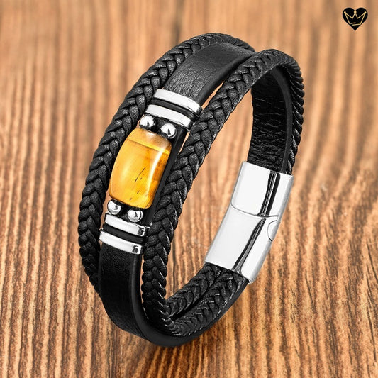 Bracelet en cuir noir pour homme avec solo pierre naturelles - oeil de tigre coloris jaune