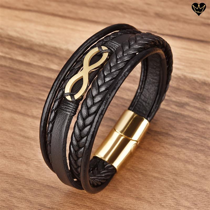 Bracelet en cuir noir pour homme avec symbole infini en acier inoxydable - coloris or