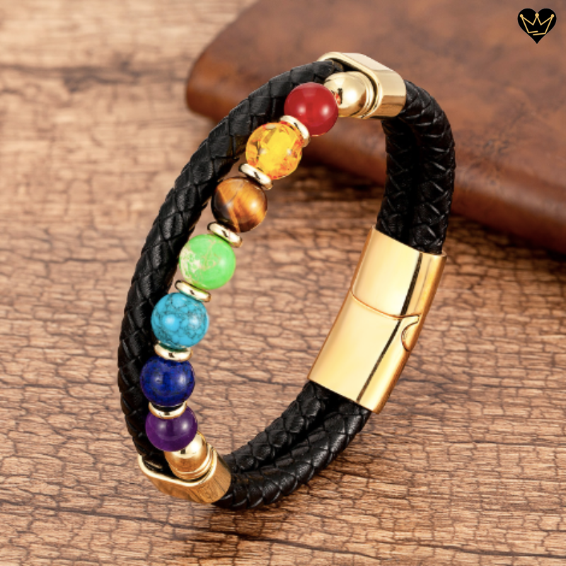 Bracelet lanières cuir noir - sept chakras - pierres naturelles - fermoir magnétique -  acier inoxydable coloris or