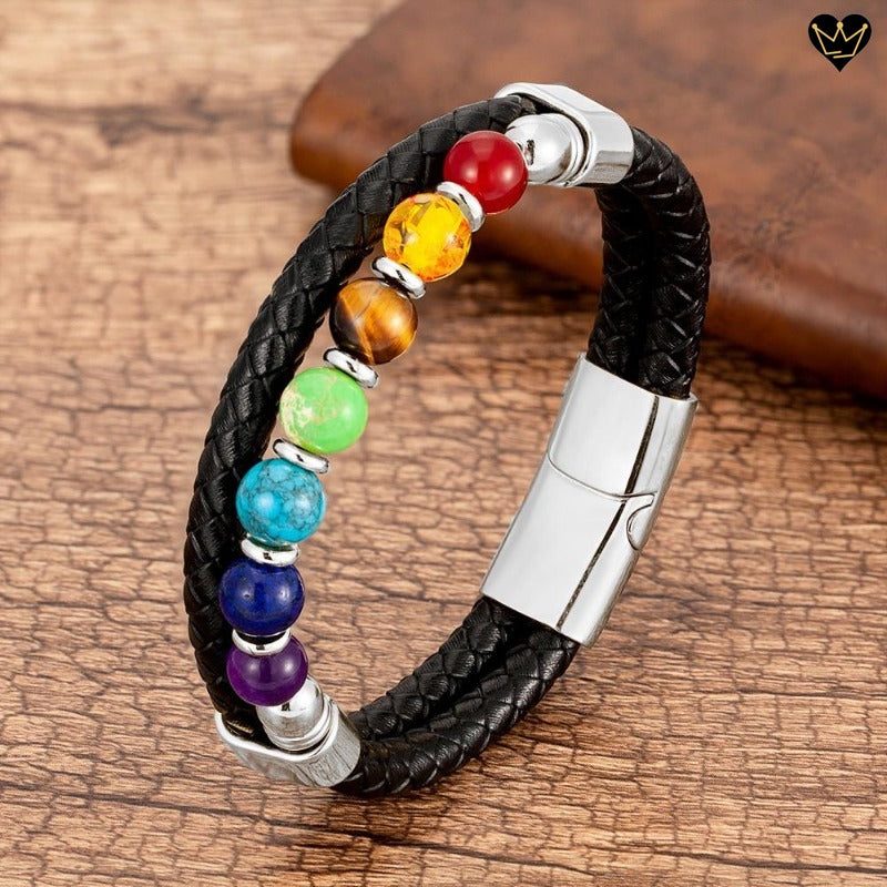 Bracelet cuir noir sept chakras en pierres naturelles - fermoir magnétique coloris argent