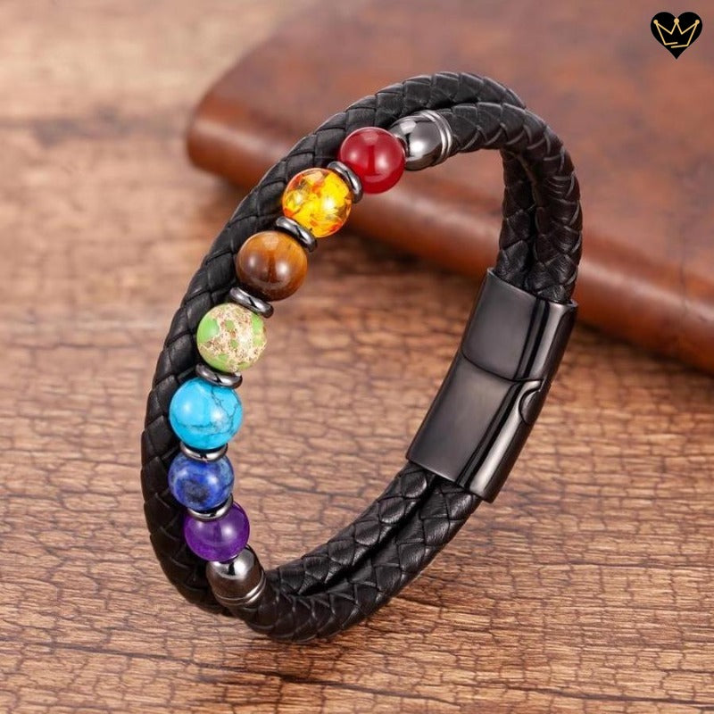 Bracelet cuir noir sept chakras en pierres naturelles - fermoir magnétique en acier inoxydable de coloris noir