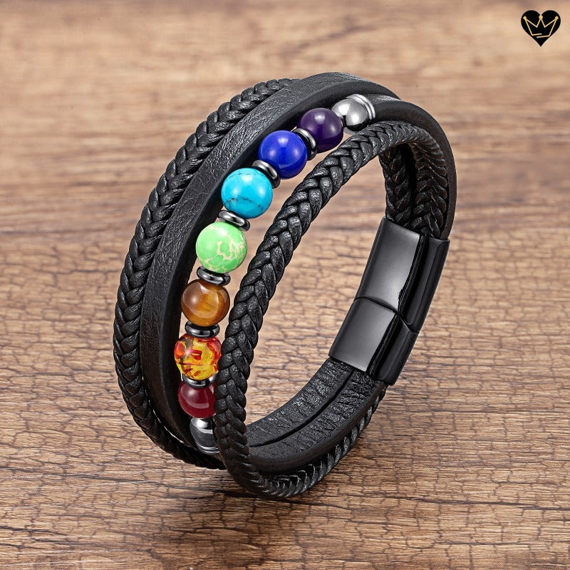 Bracelet en cuir noir aux sept perles de couleur chakras en pierres naturelles - fermoir magnétique en acier inoxydable - coloris noir