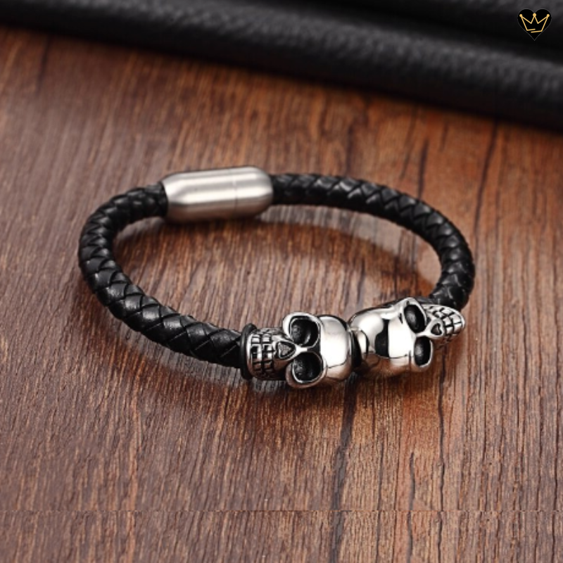 Bracelet cuir noir avec tête de mort et fermoir magnétique en acier inoxydable
