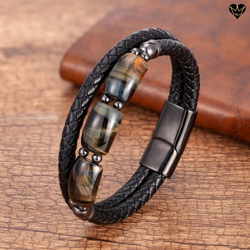 Trio Black Leather Bracelet with Tiger Eye Stones for Men