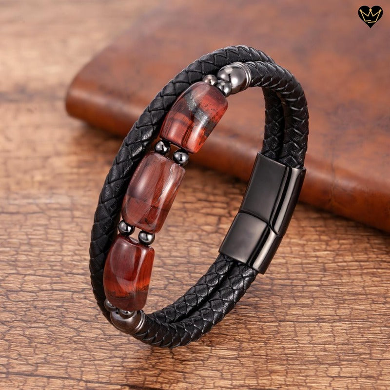 Bracelet en cuir noir tressé pour homme avec trio oeil de tigre - pierres naturelles coloris rouge